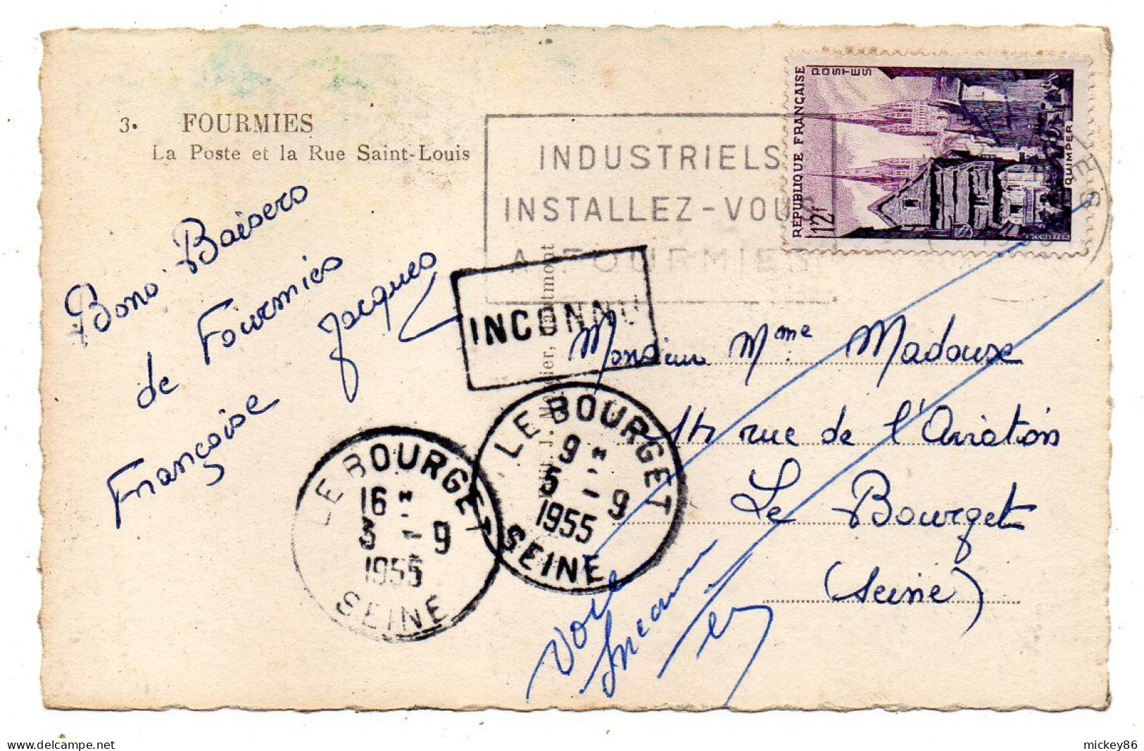 FOURMIES--1955--La Poste Et La Rue Saint Louis (animée, Vélos)--cachet LE BOURGET +griffe INCONNU - Fourmies