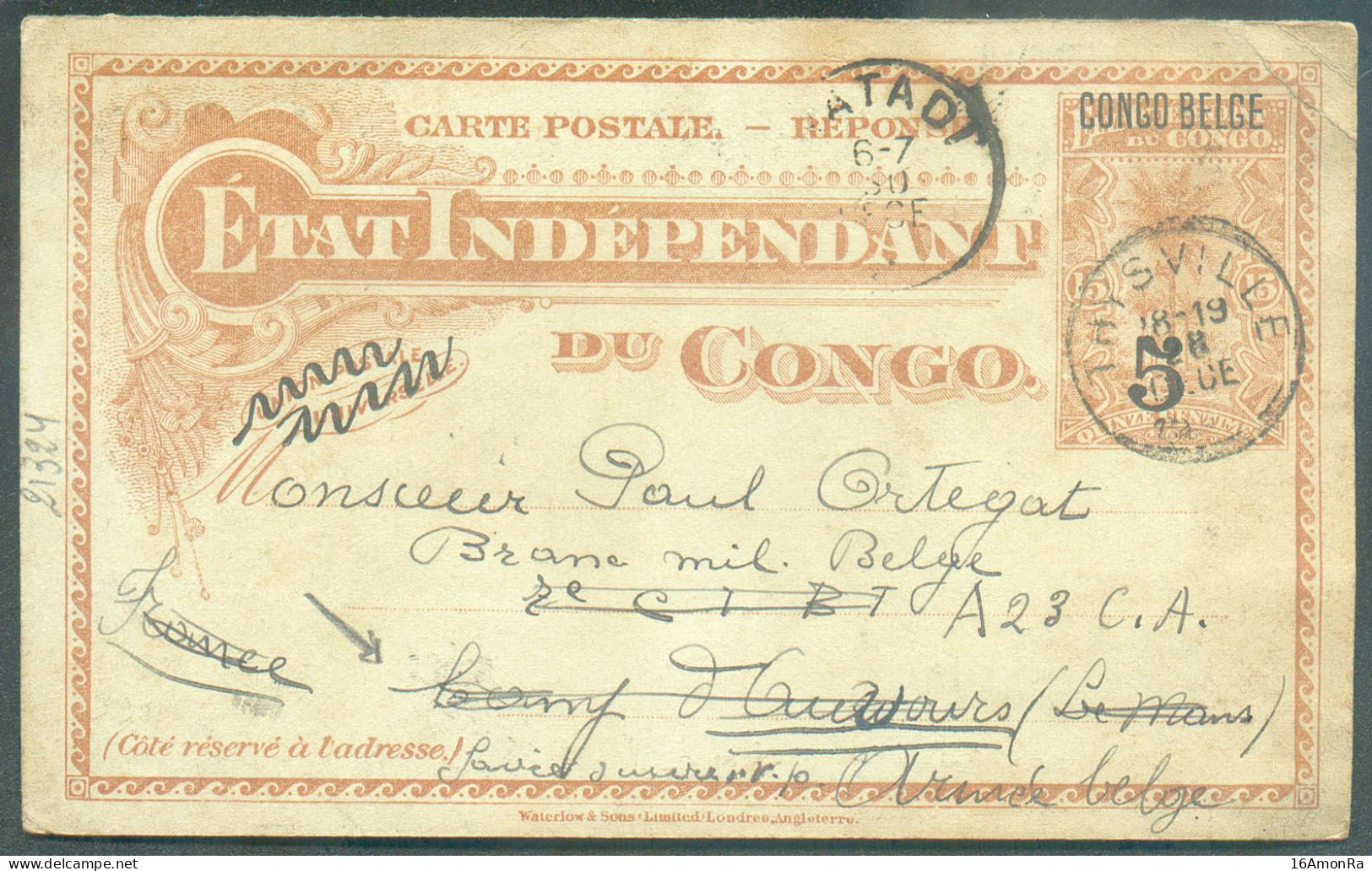 E.P. Carte 15c. Mols Surchargée CONGO BELGE Daté De KISANTU Obl. Sc THYSVILLE Du 28 Décembre 1915 (via Matadi 30/12) Ve - Ganzsachen