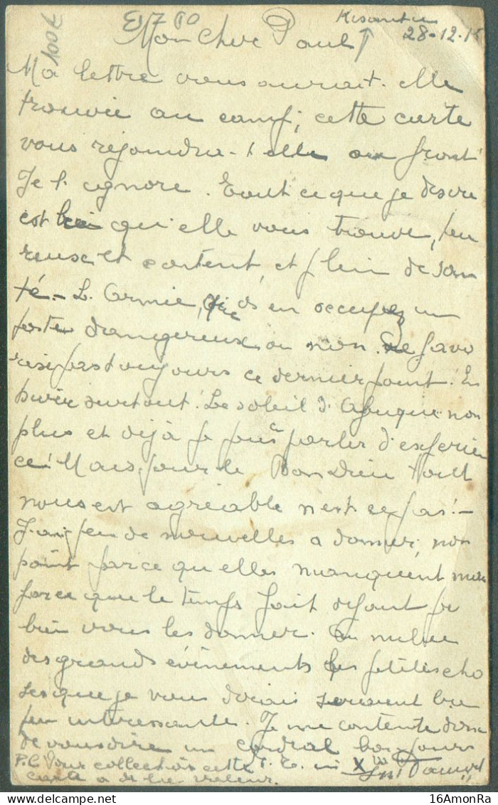 E.P. Carte 15c. Mols Surchargée CONGO BELGE Daté De KISANTU Obl. Sc THYSVILLE Du 28 Décembre 1915 (via Matadi 30/12) Ve - Entiers Postaux