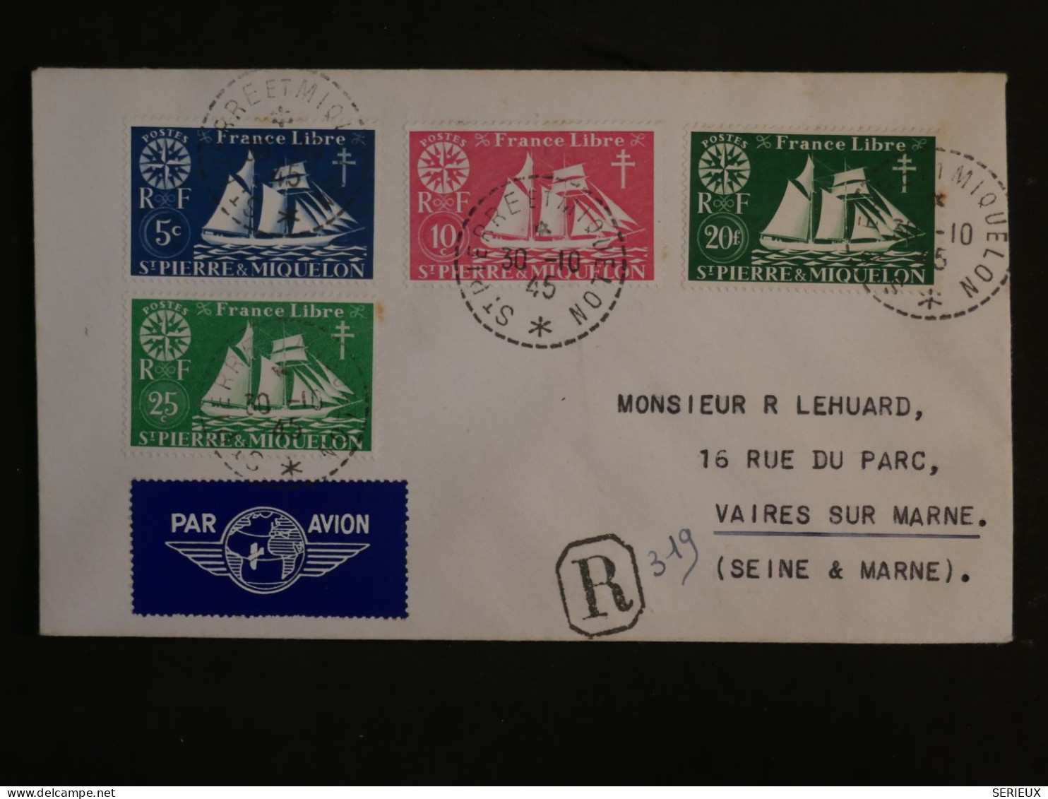 BU8 ST PIERRE MIQUELON BELLE LETTRE FRANCE LIBRE 1945  A  VAIRES  FRANCE  ++ AFF. PLAISANT++ - Storia Postale
