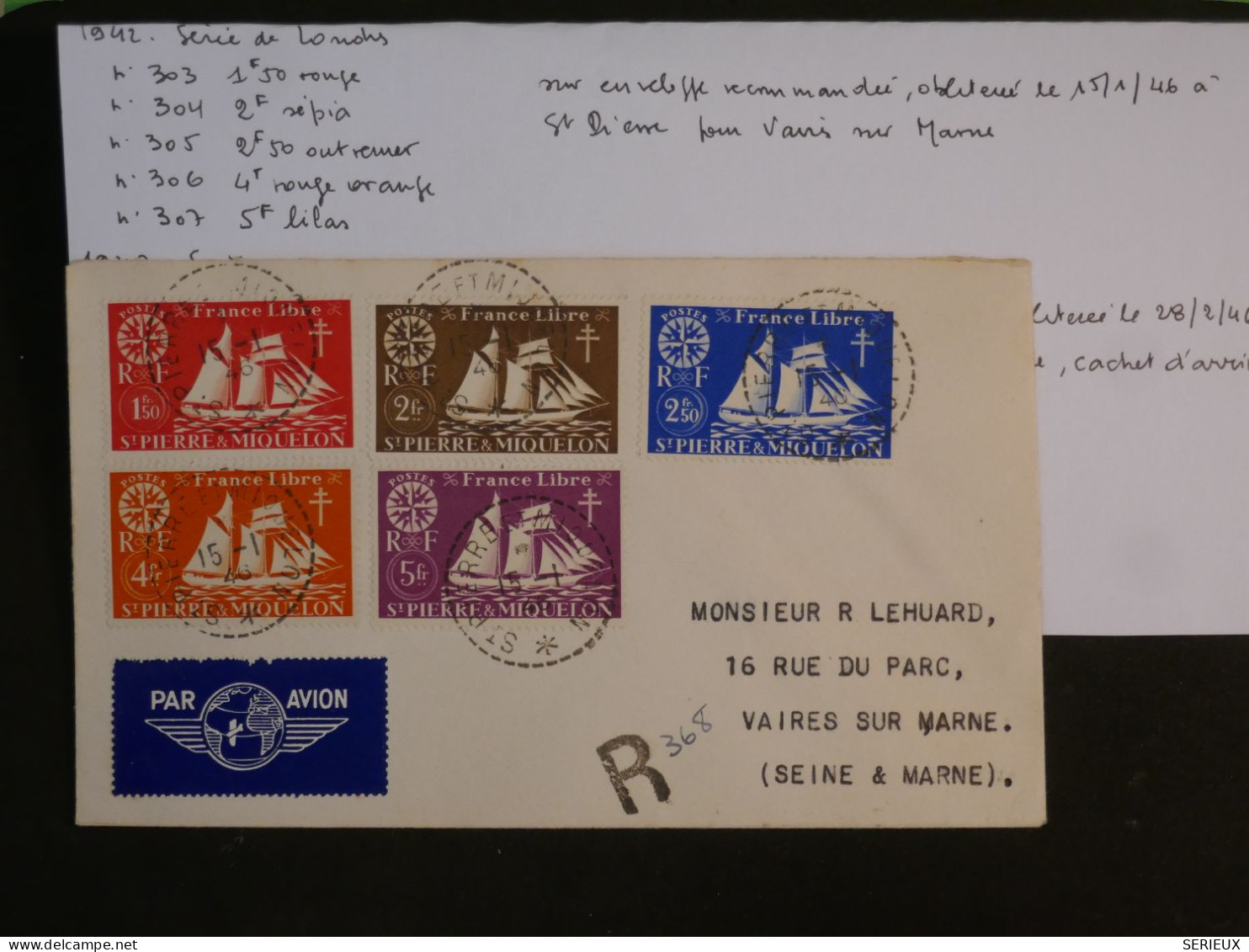 BU8 ST PIERRE MIQUELON BELLE LETTRE FRANCE LIBRE 1945  A  VAIRES  FRANCE  ++ AFF. PLAISANT++ - Briefe U. Dokumente