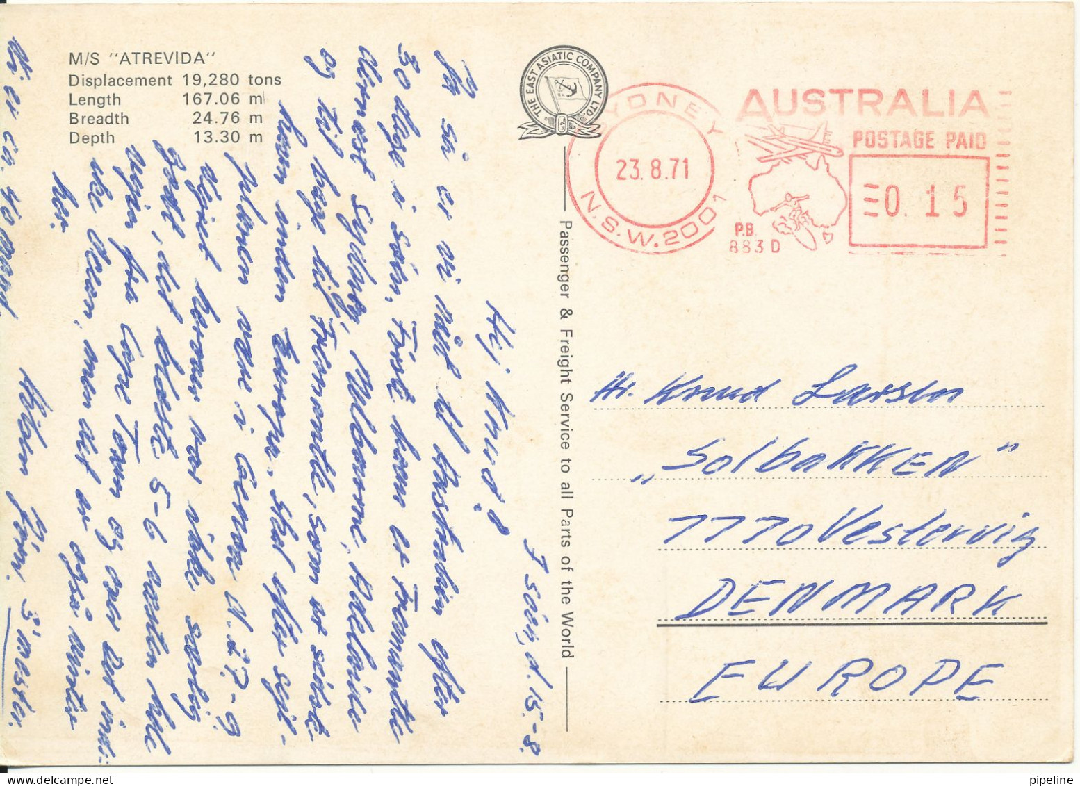 Australia Postcard Sent To Denmark 23-8-1971 M/S Atrevida - Outback