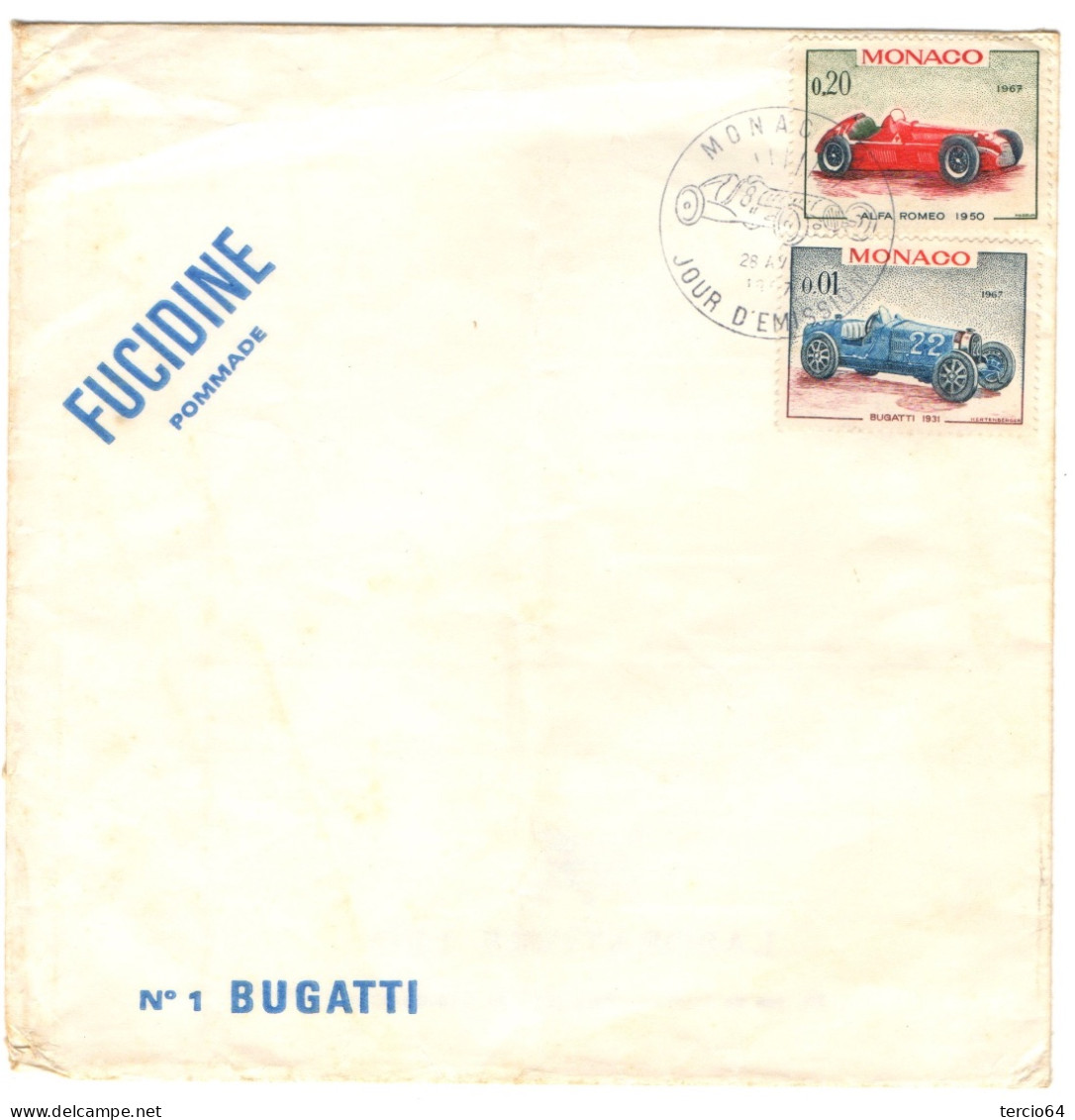 MONACO, 1967, 1er Jour , N° 708 Et 713, Automobiles Alfa Et Bugatti Enveloppe Pub Pommade Fucidine  Laboratoire  LEO - Brieven En Documenten