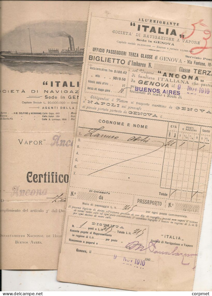 BOAT TICKET 1910 NAVIGAZIONE A VAPORE - ANCONA - GENOVA To BUENOS AIRES + ANCONA Smallpox Vaccination Certificate - Mundo