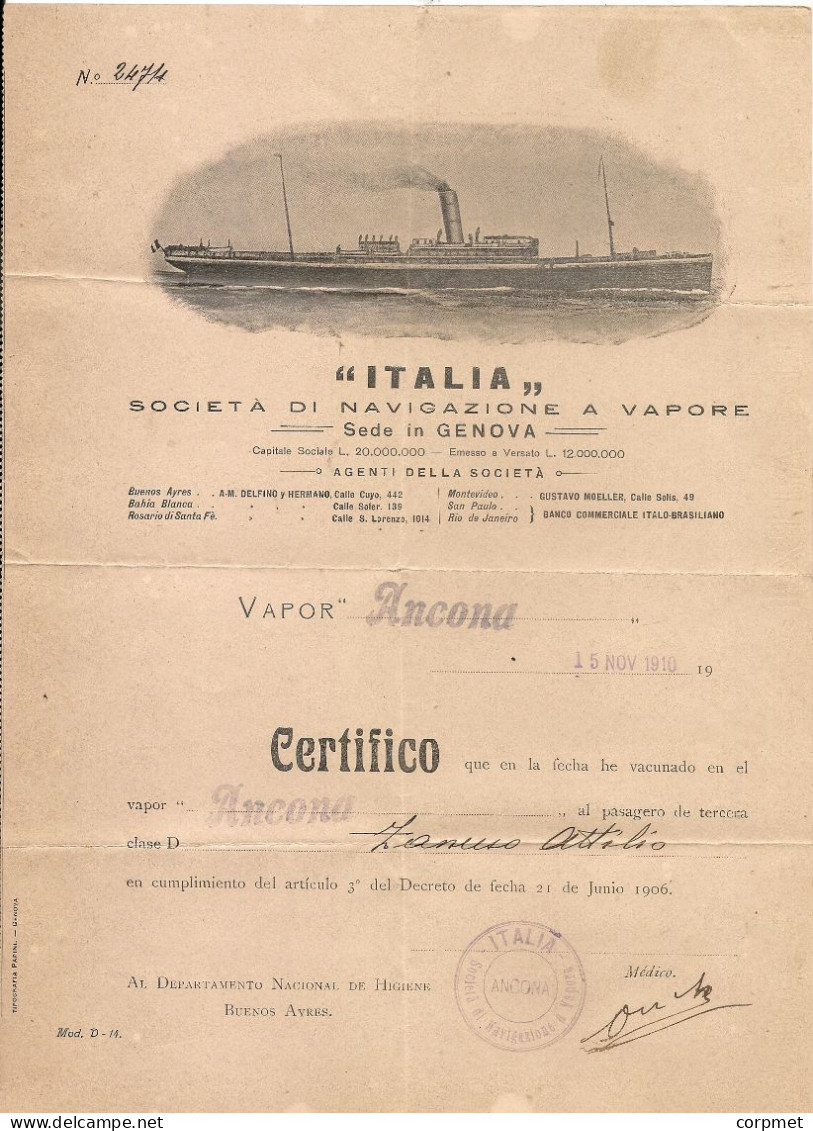 BOAT TICKET 1910 NAVIGAZIONE A VAPORE - ANCONA - GENOVA To BUENOS AIRES + ANCONA Smallpox Vaccination Certificate - Wereld