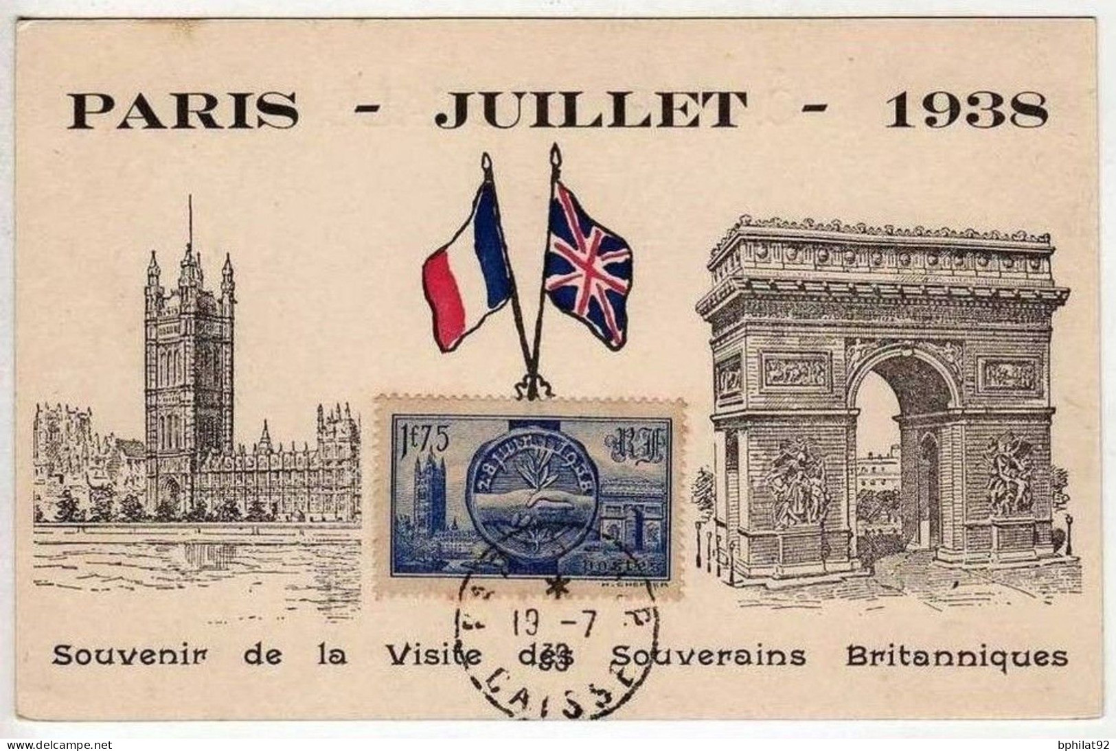 !!! CARTE MAXIMUM VISITE DES SOUVERAINS BRITANIQUES CACHET ORD DE PARIS 19/7/1938 REF A1 - 1930-1939