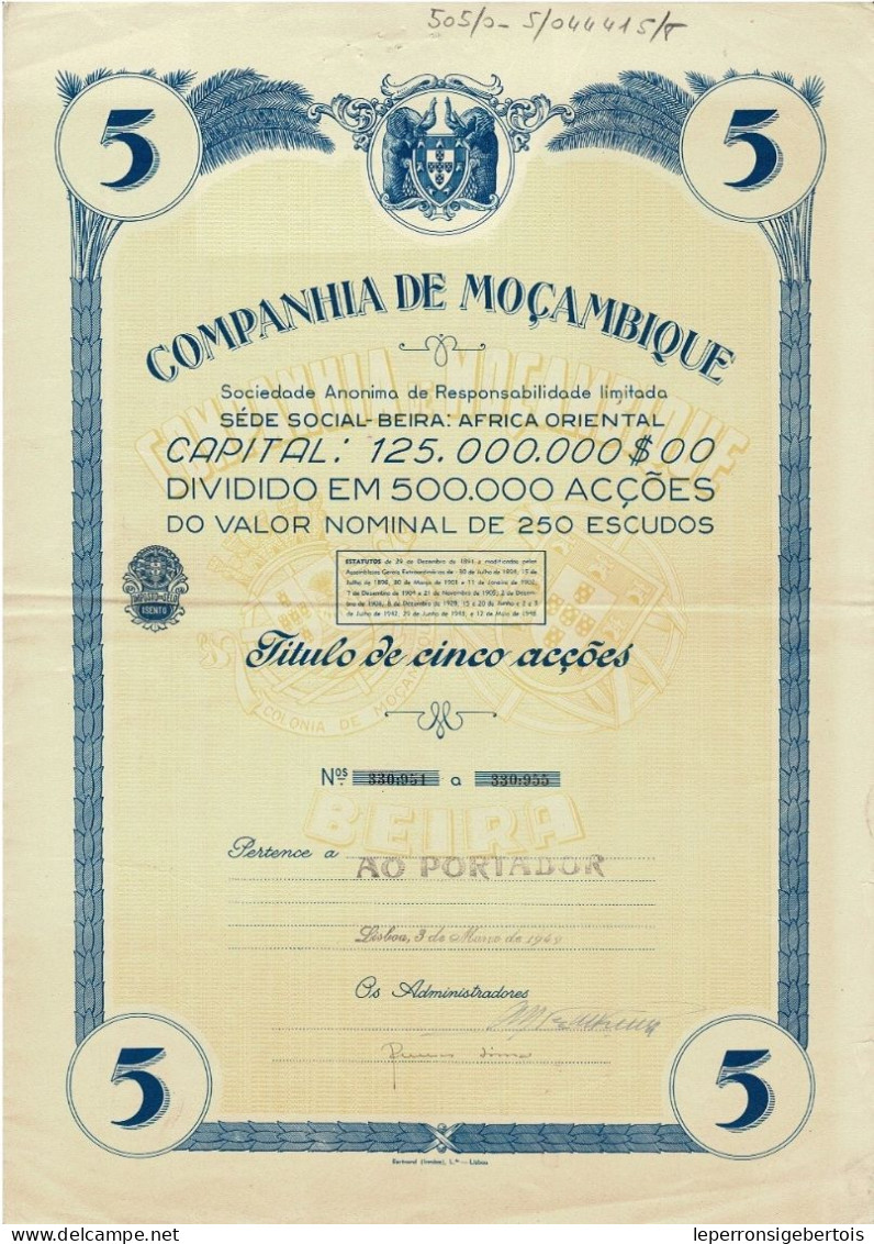 - Titulo De 1949 - Companhia De Moçambique  - Sociedad Anonima De Responsabilidade Limitada  - - Africa