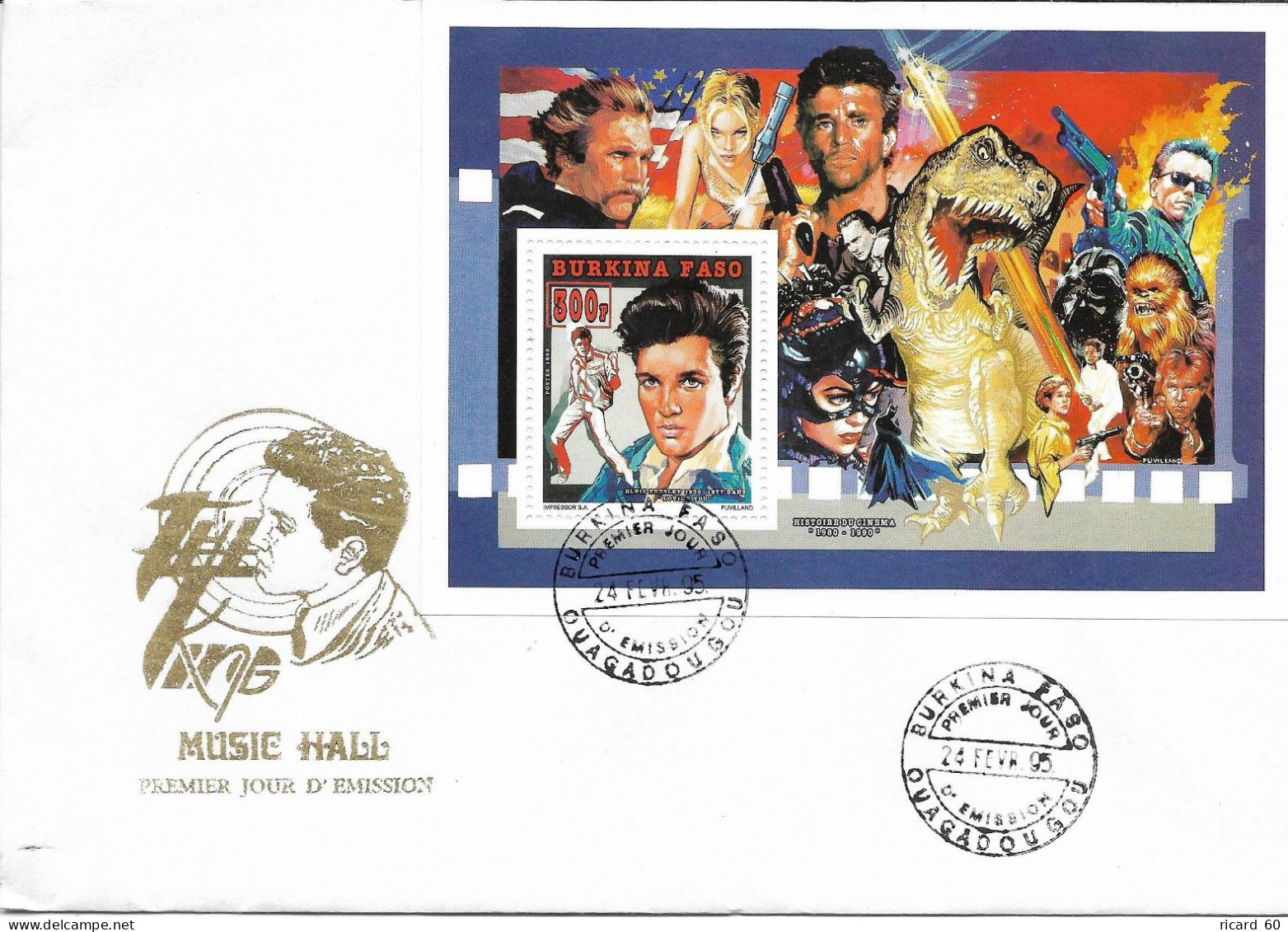 Env Fdc  1995 Burkina Faso, BF Héros De Cinéma, Elvis Presley, Tyrannosaure, Dark Vador ... - Chanteurs