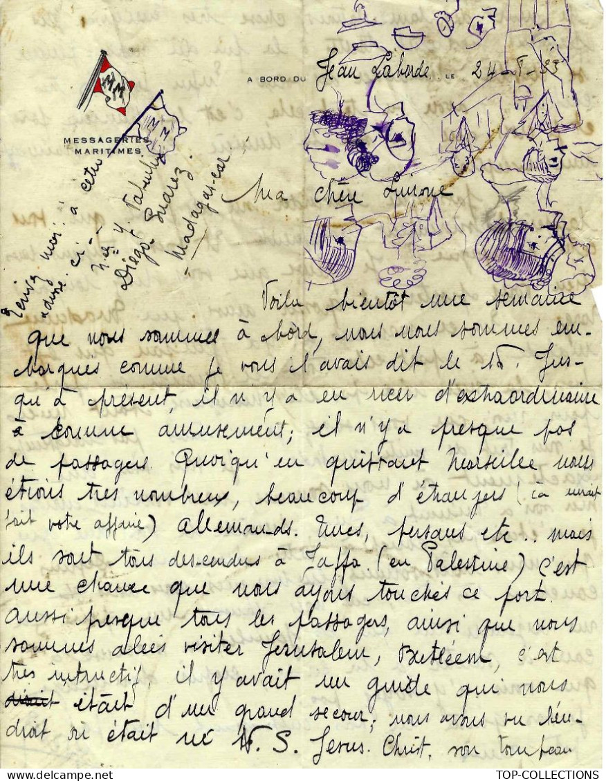 NAVIGATION PALESTINE RELIGION JERUSALEM 1933 LETTRE écrite à Bord  Navire Jean Laborde  Messageries Maritimes Marseille - Documenti Storici