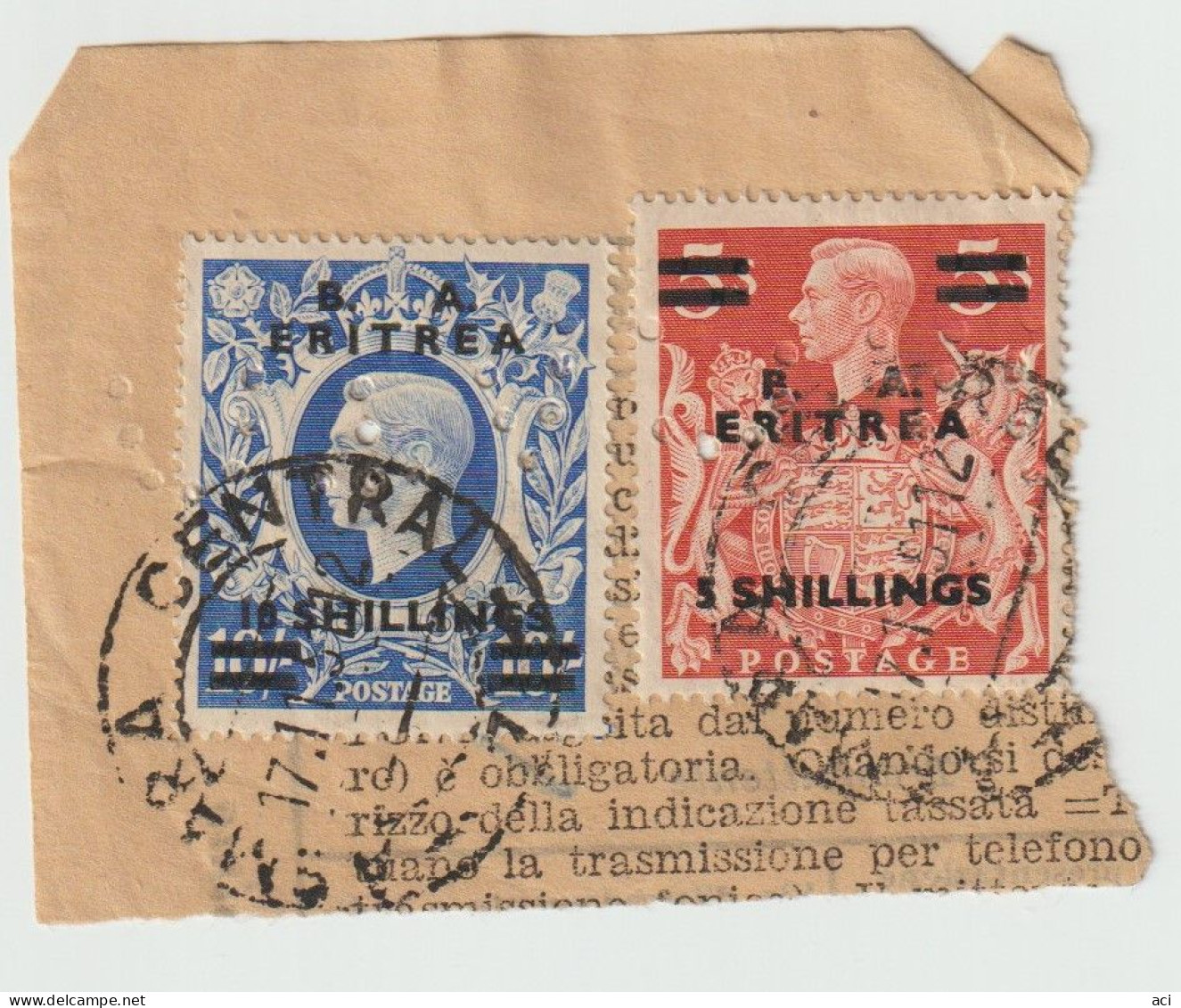 Italy 1950-51 British Occupation Eritrea Perfins, 5 Sh, 10 Sh, On Piece Used, - Eritrea