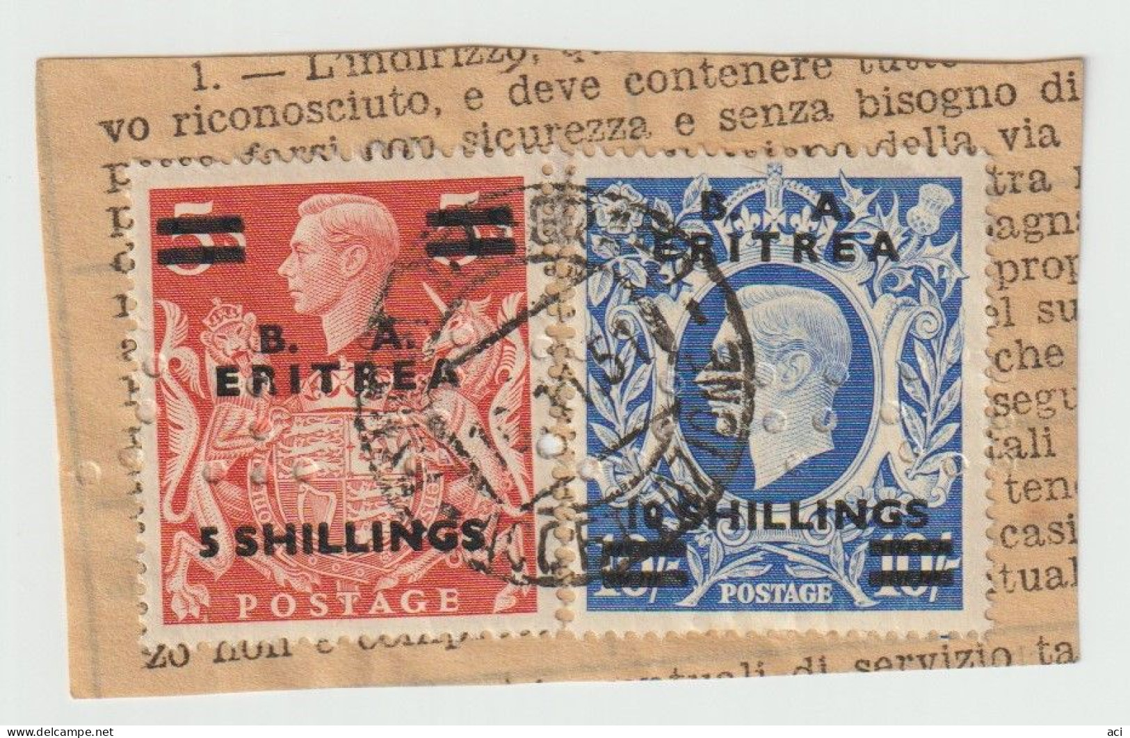 Italy 1950-51 British Occupation Eritrea Perfins, 5 Sh 10 Sh, On Piece Used, - Eritrée