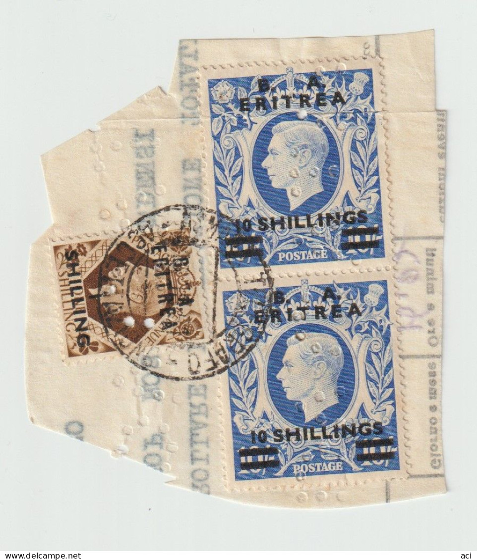 Italy 1950-51 British Occupation Eritrea Perfins, Pair 10 Sh,1 Sh  On Piece Used, - Eritrée