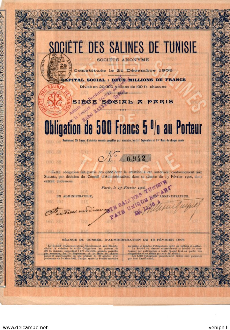 SOCIETE DES SALINES  DE TUNISIE  - OBLIGATION DE 500 FRS 5 %  - ANNEE 1906 - Afrika