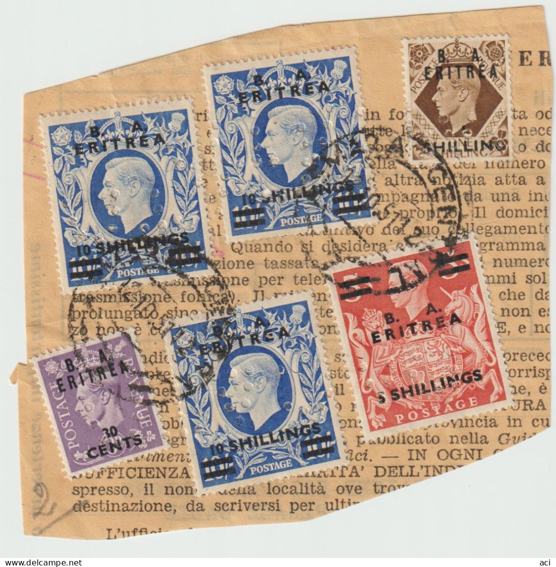 Italy 1950 British Occupation Eritrea Perfins, 30c,1 Sh,5 Sh,3 X 10sh, On Piece Used - Eritrée
