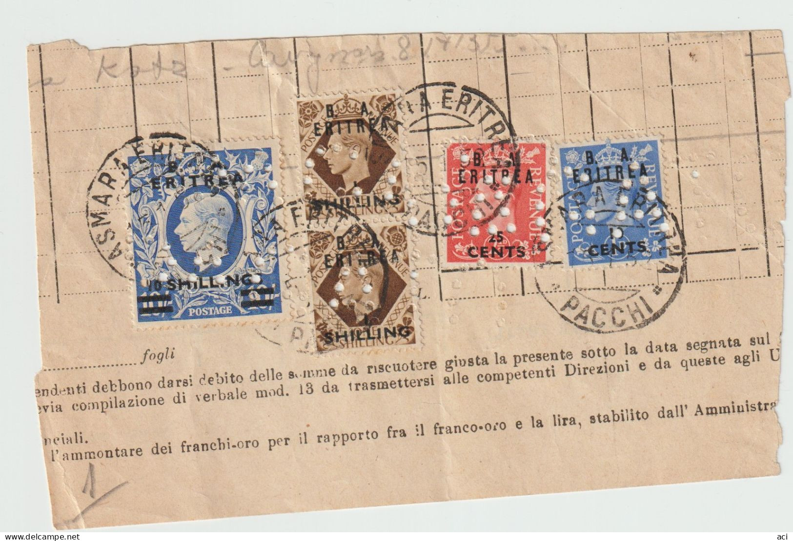 Italy 1950-51 British Occupation Eritrea Perfins, 10c ,25c ,pair 1 Sh, 10 Sh  On Piece Used - Eritrée