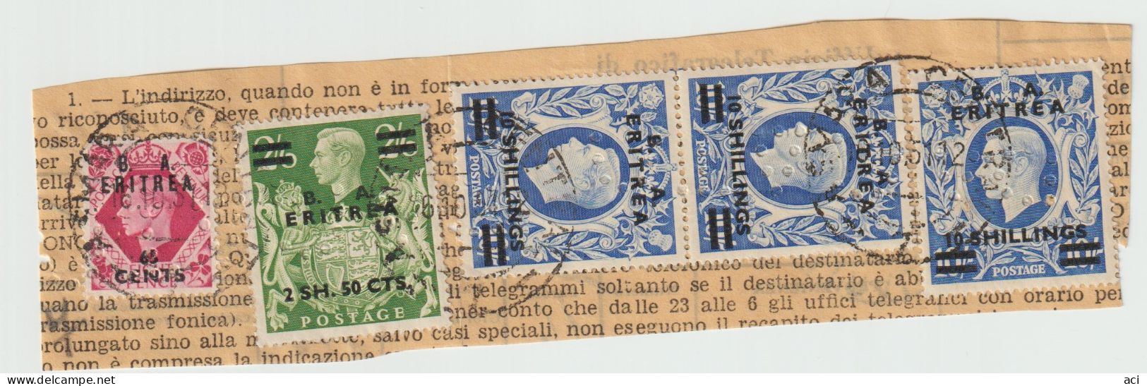 Italy 1950 British Occupation Eritrea Perfins, 65c 2,50 Sh,3 X 10 Sh   On Piece Used, - Eritrea