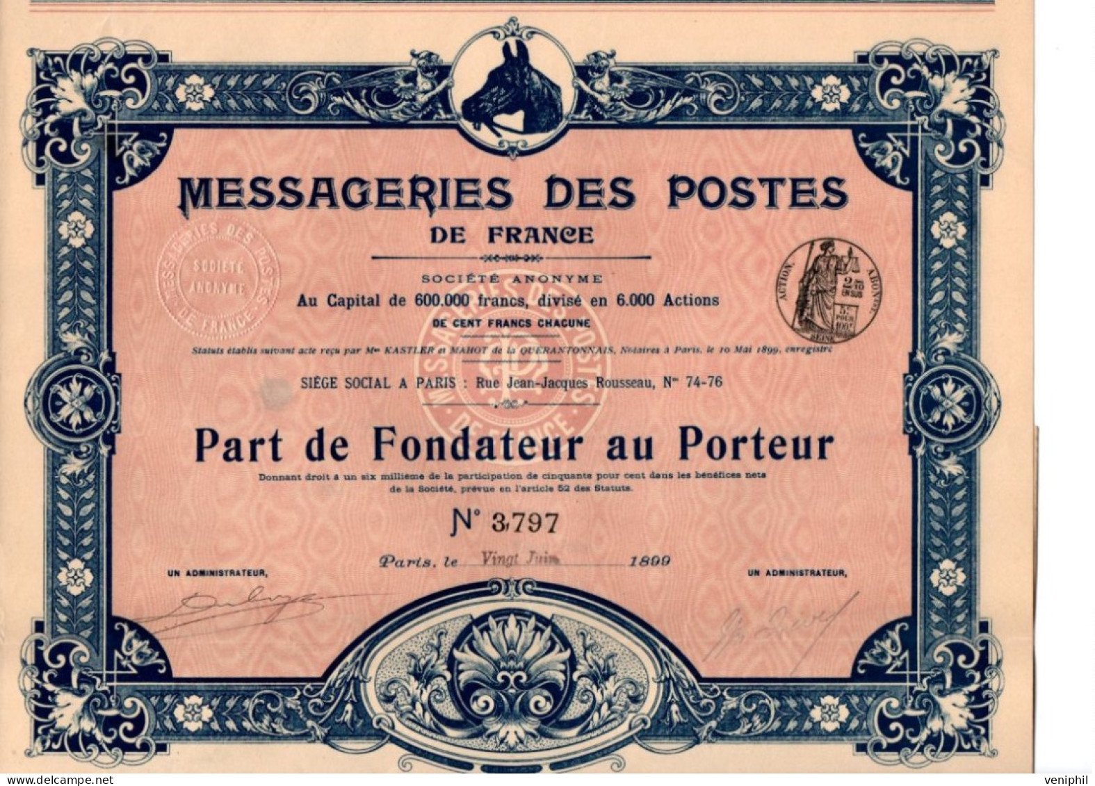 MESSAGERIES DES POSTES DE FRANCE -PART DE FONDATEUR ILLUSTREE- ANNEE 1899 - Andere & Zonder Classificatie