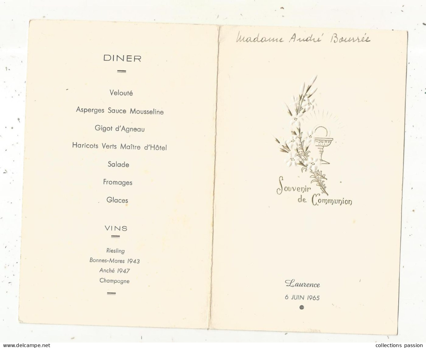 Menu , Souvenir De Communion, 1965 , Déjeuner & Diner, Frais Fr 1.55 E - Menus