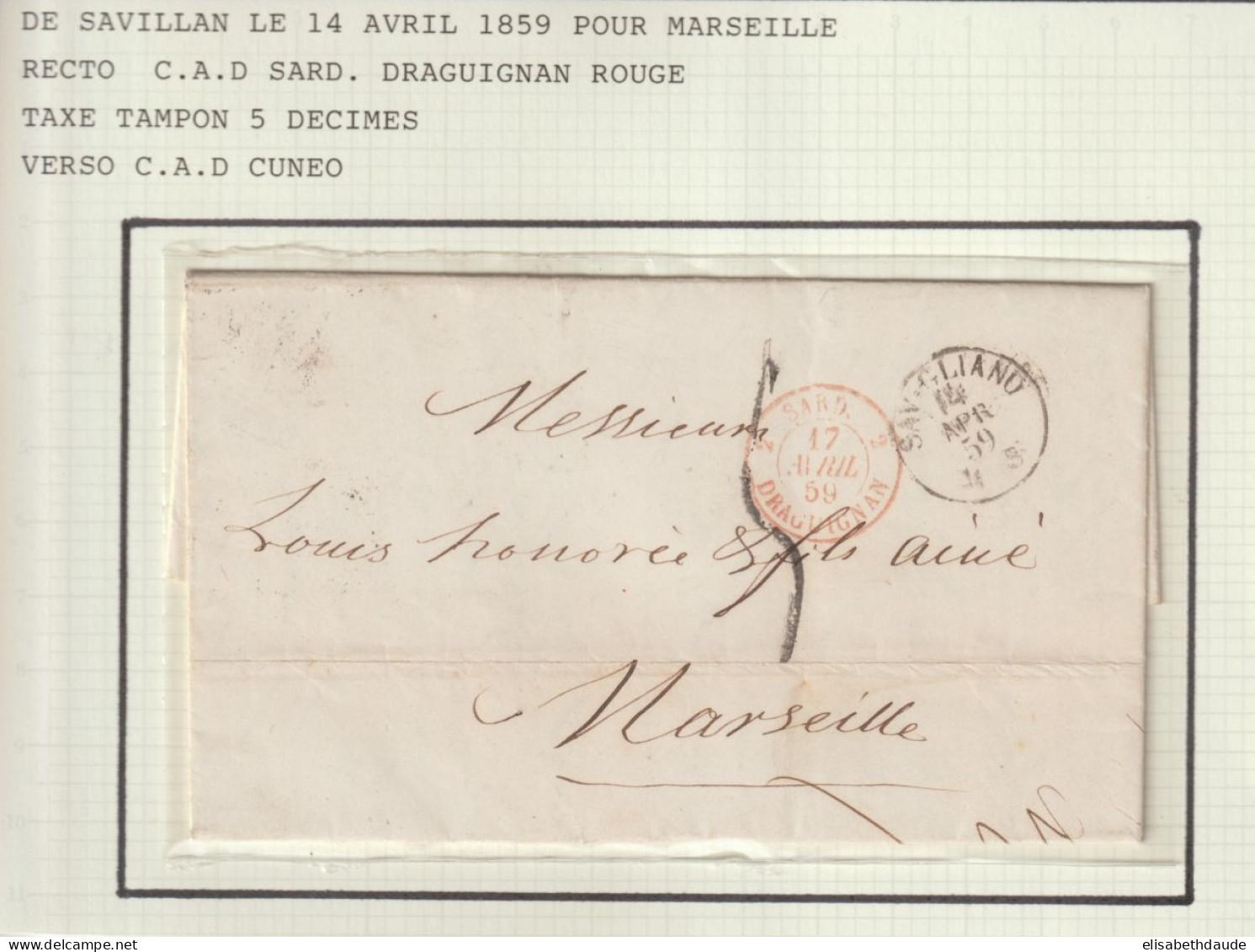 1859 - ENTREE SARDAIGNE Par DRAGUIGNAN VAR ! LETTRE De SAVILLAN (SAVIGLIANO) => MARSEILLE - Marques D'entrées