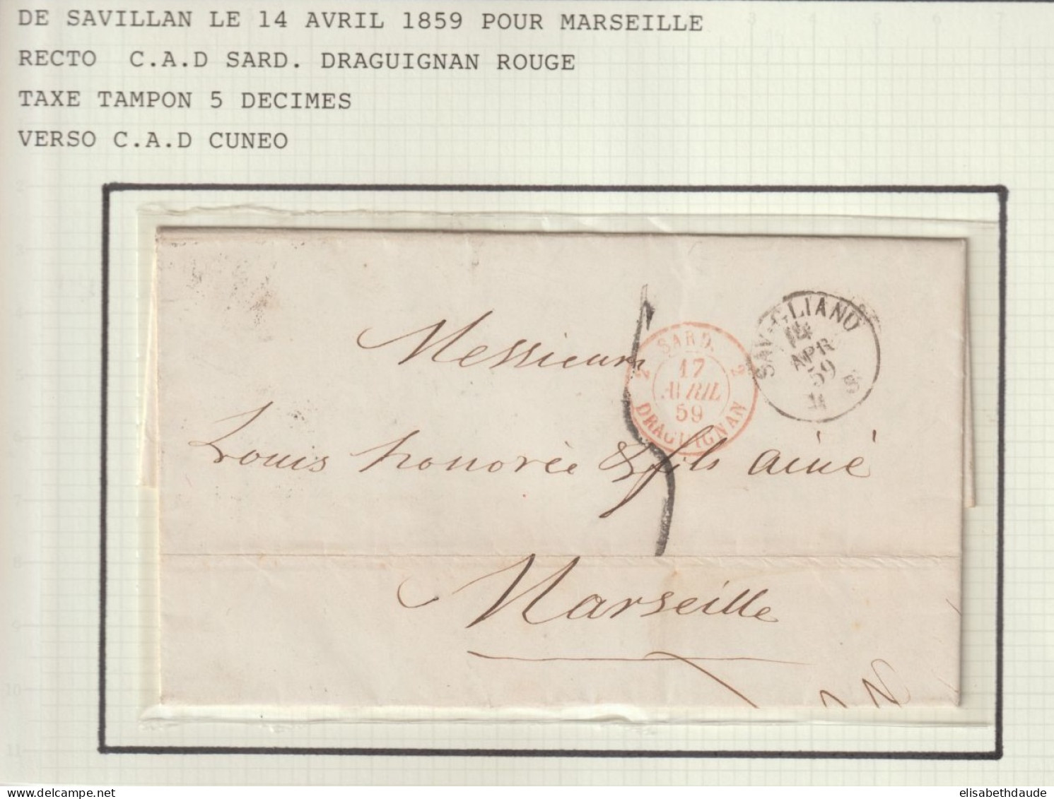 1859 - ENTREE SARDAIGNE Par DRAGUIGNAN VAR ! LETTRE De SAVILLAN (SAVIGLIANO) => MARSEILLE - Entry Postmarks