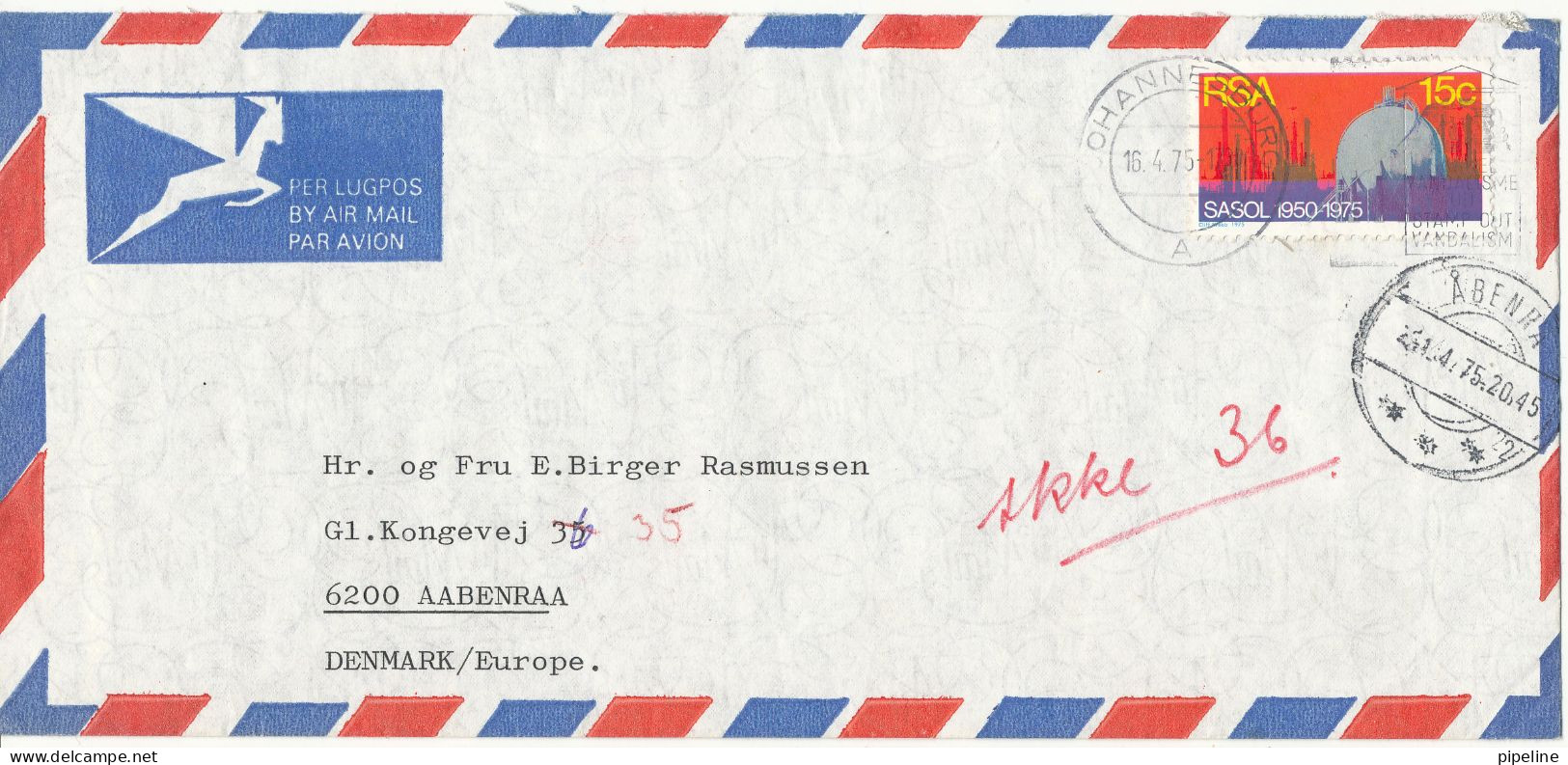 South Afrfica RSA Air Mail Cover Sent To Denmark Johannesburg 16-4-1975 Single Franked - Cartas & Documentos