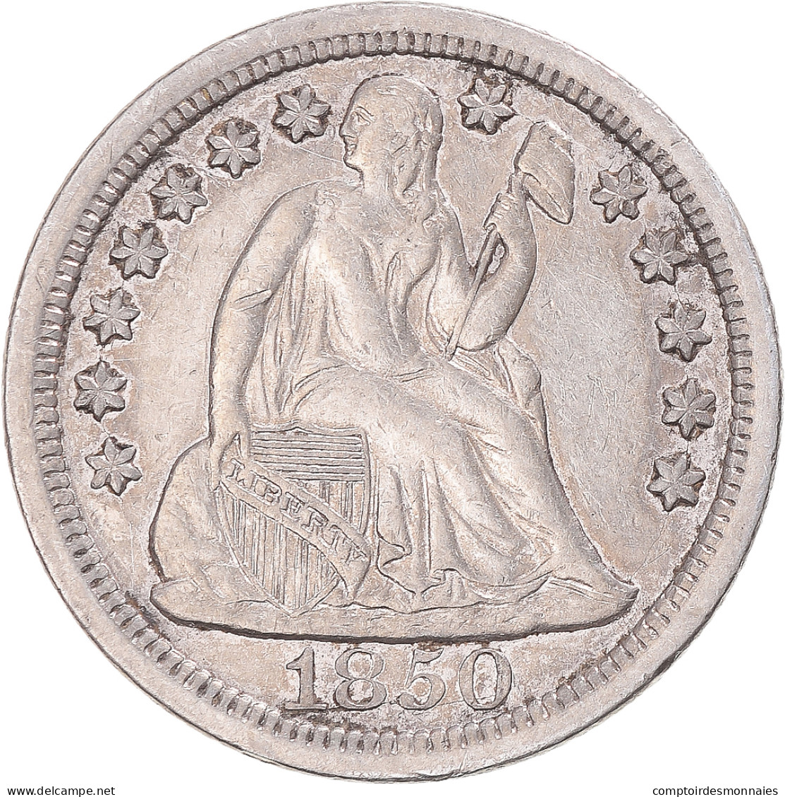 États-Unis, Dime, Seated Liberty Dime, 1850, U.S. Mint, Argent, TTB - Half Dime