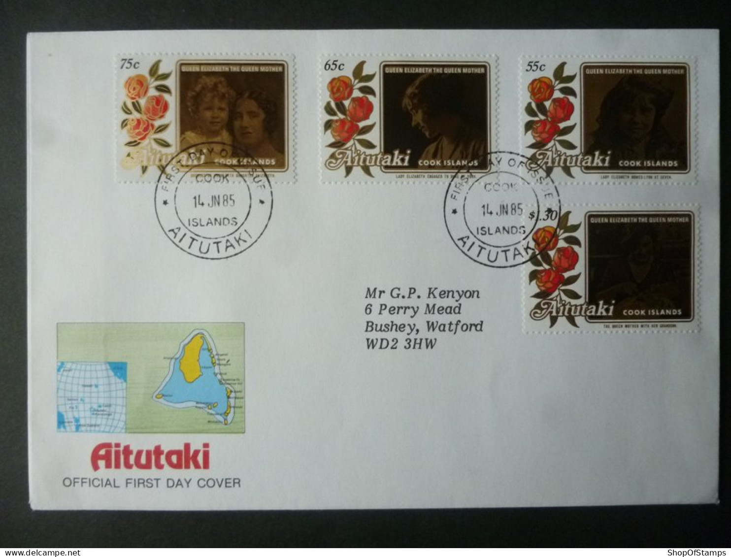 AITUTAKI 1985 QUEEN MOTHER 85th BIRTHDAY STAMPS FDC - Thourotte