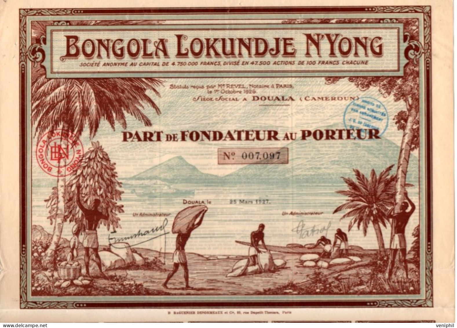 BONGOLA LOKUNDJE N'YONG - DOUALA - CAMEROUN -   1 PART DE FONDATEUR  - ANNEE 1927 - Afrika