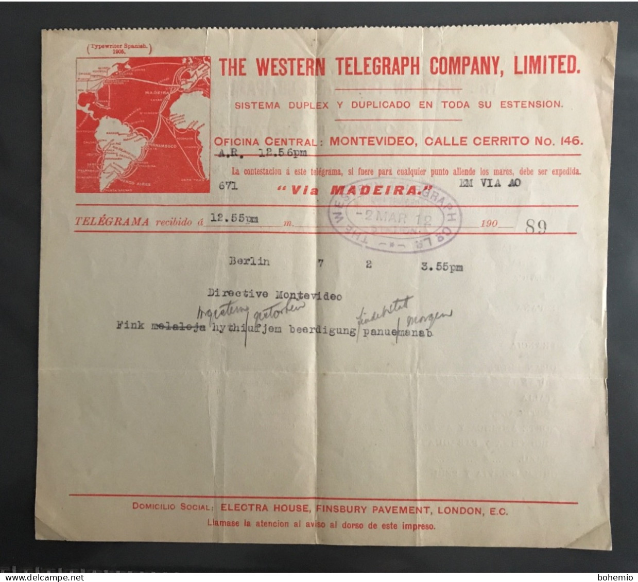 Telegrama Enviado A Berlín Desde Uruguay 1912 - 1900 – 1949
