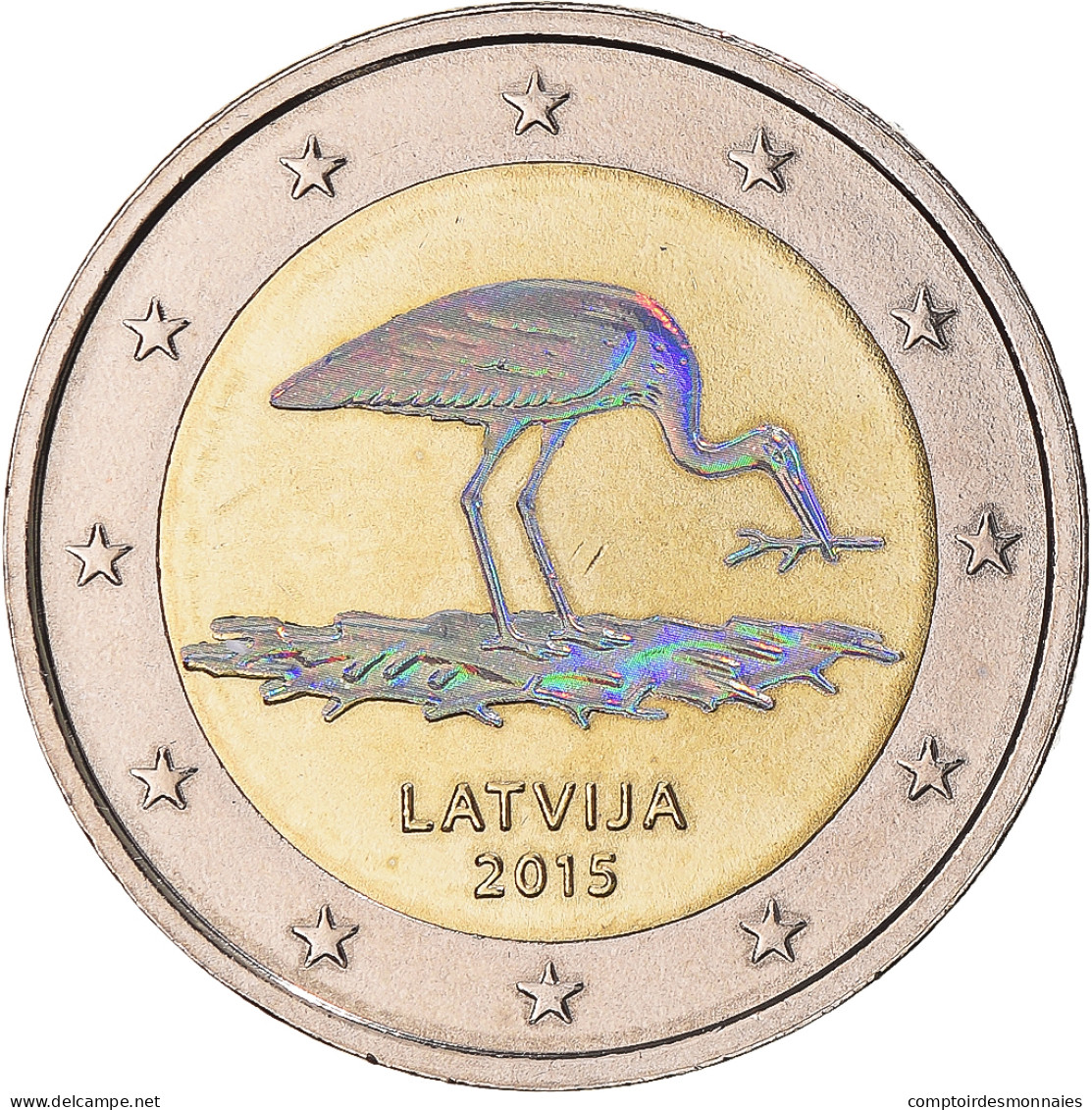 Lettonie, 2 Euro, Cigogne, 2015, Colorisé, SUP, Bimétallique - Lettland