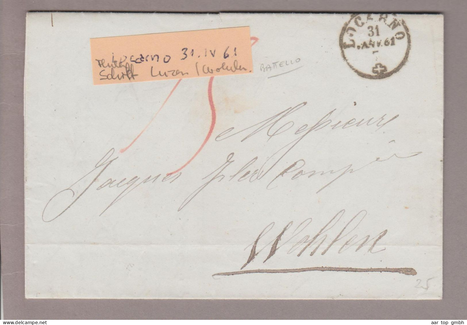 Schweiz Schiffspost Schiffpostbüro Luzern 1861-02-01 Transitstempel Auf Brief Von Locarno Nach Aarau - Wohlen - Lettres & Documents