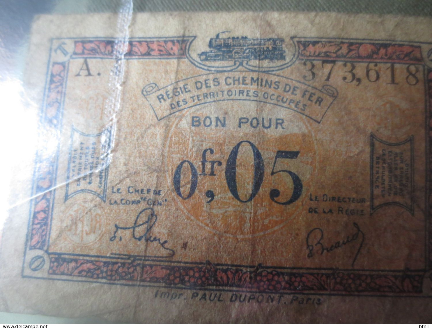 FRANCE BILLET De 0.05 FR REGIE DES CHEMINSDE FER DES TERRITOIRES OCCUPES - Vrac - Billets