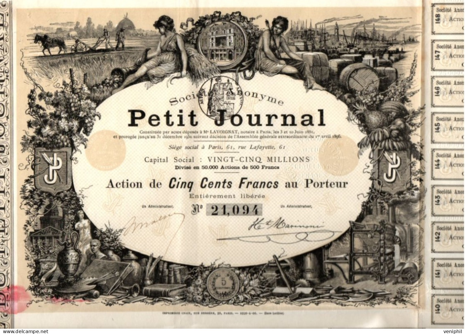 SOCIETE  LE PETIT JOURNAL- TRES BELLE ACTION  ILLUSTREE DE CINQ CENT FRANCS  - ANNEE 1896 - Other & Unclassified