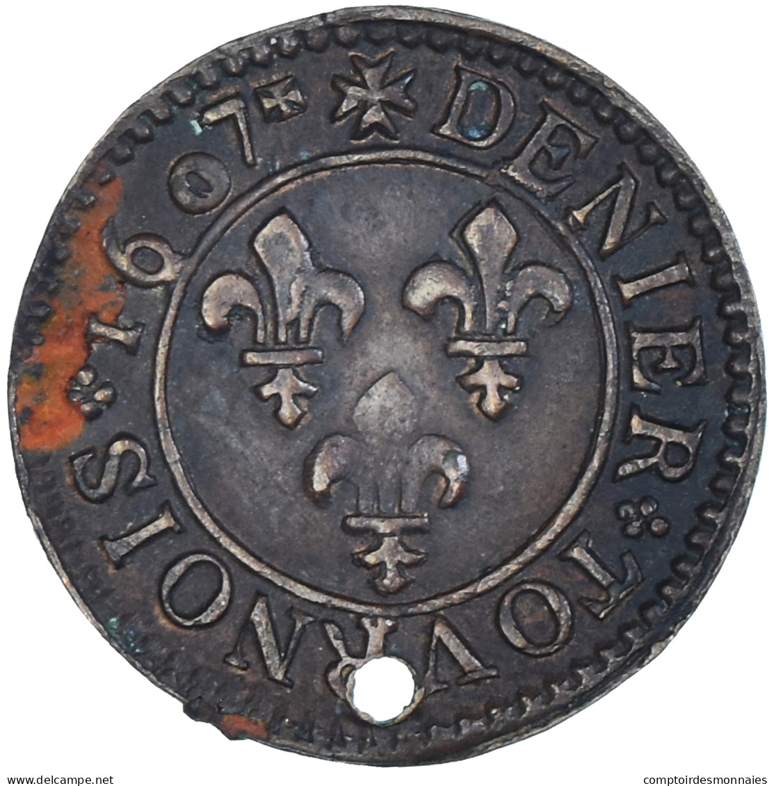 Monnaie, France, Henri IV, Denier Tournois, 1607, Lyon, TTB+, Cuivre - 1589-1610 Heinrich IV.
