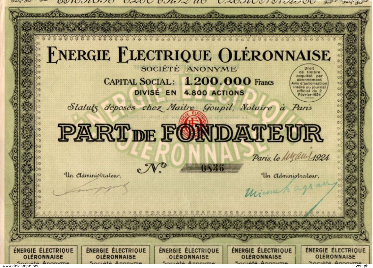 ENERGIE ELECTRIQUE OLERONNAISE -  PART DE FONDATEUR -  ANNEE 1924 - Elektriciteit En Gas