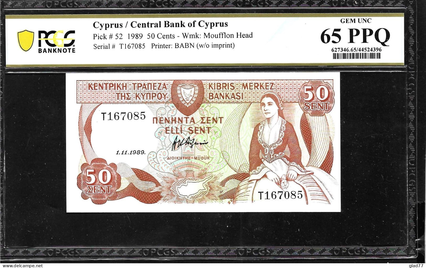 Cyprus  50 Sent 1.11.1989 PCGS   65PPQ  GEM  UNC! - Zypern