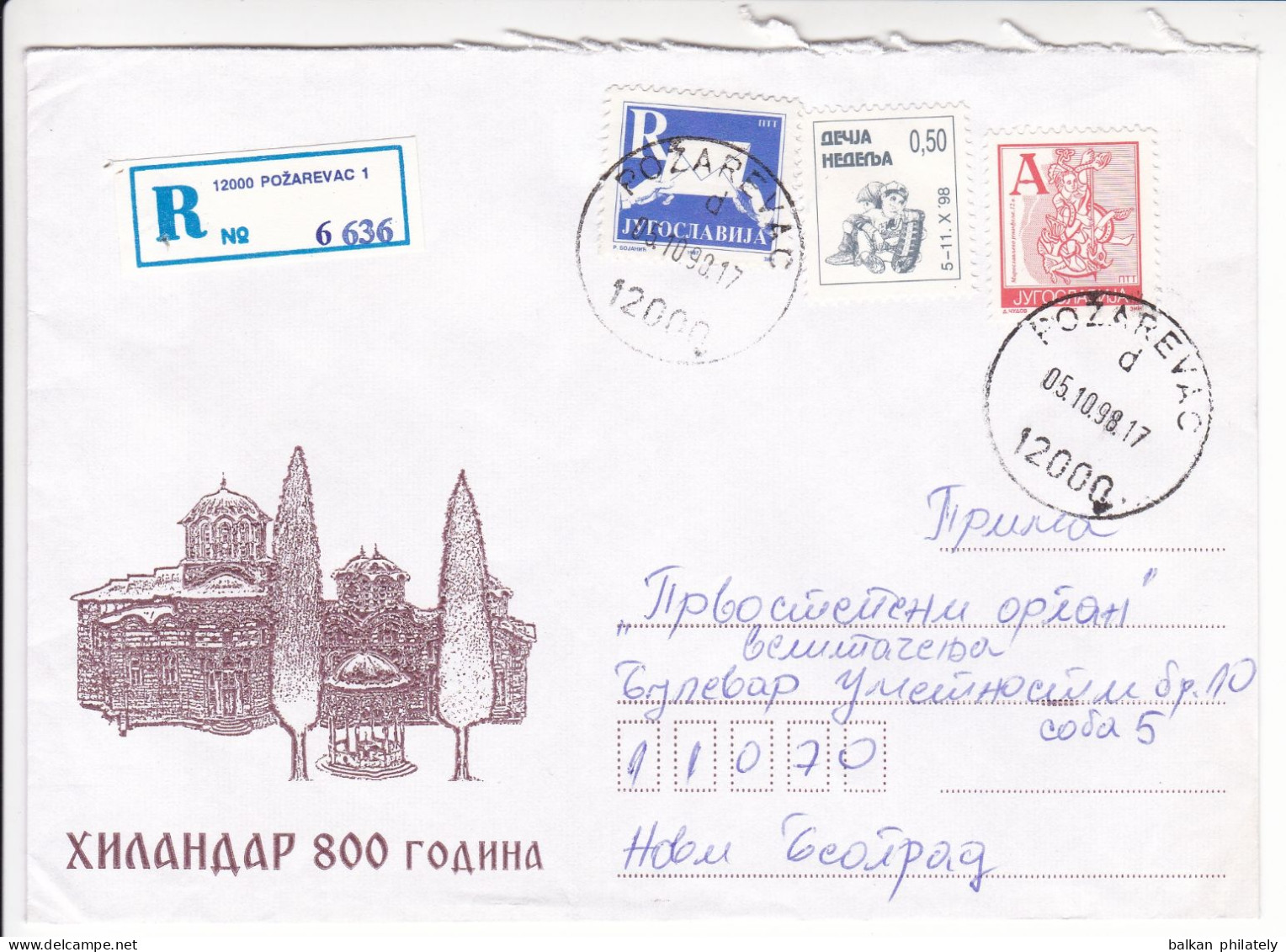 Yugoslavia Illustrated Cover 800 Years Of Hilandar Monastery 1998 Pozarevac Belgrade Registered A R Children Week - Covers & Documents