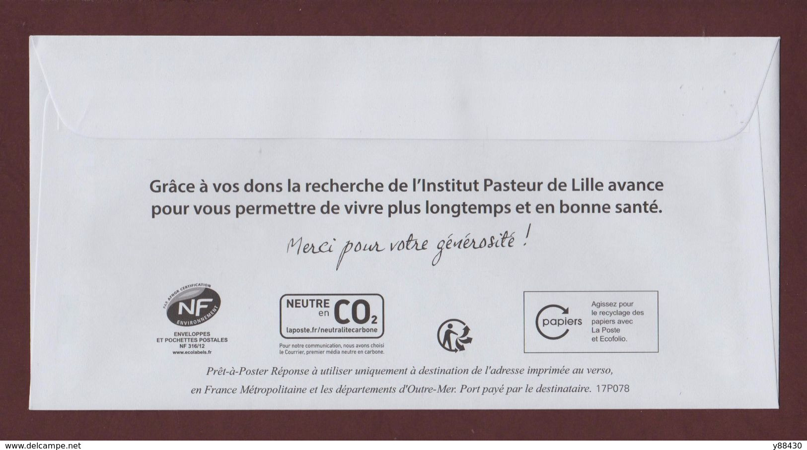 PAP- N° Au Dos: 17 P 078 - INSTITUT PASTEUR DE LILLE - Repiquage Datamatrix Ciappa Et Kawena - Neuf ** -face & Dos - Prêts-à-poster:Answer/Ciappa-Kavena