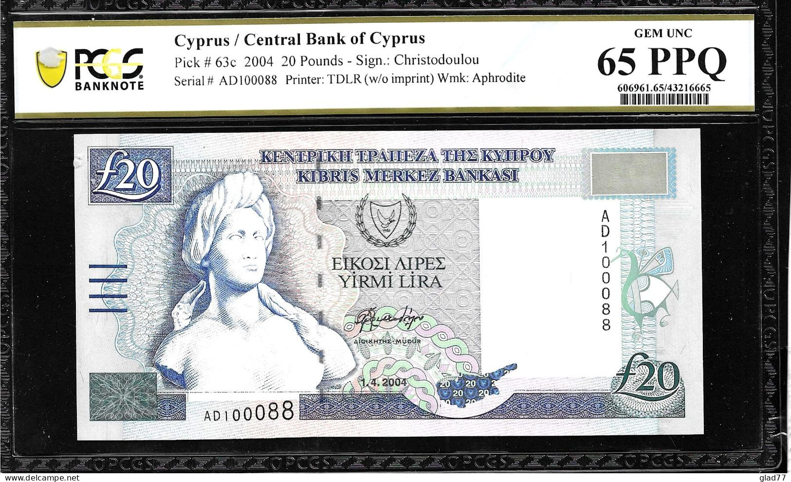 Cyprus  20 POUNDS 1.4.2004 PCGS 65PPQ GEM UNC ! - Zypern