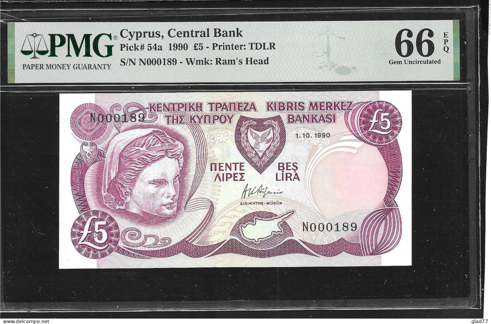 Cyprus  5 Pounds 1.10.1990 PCGS  66 PPQ (Perfect Paper Quality) GEM UNC! Low Serial Number ! - Chipre