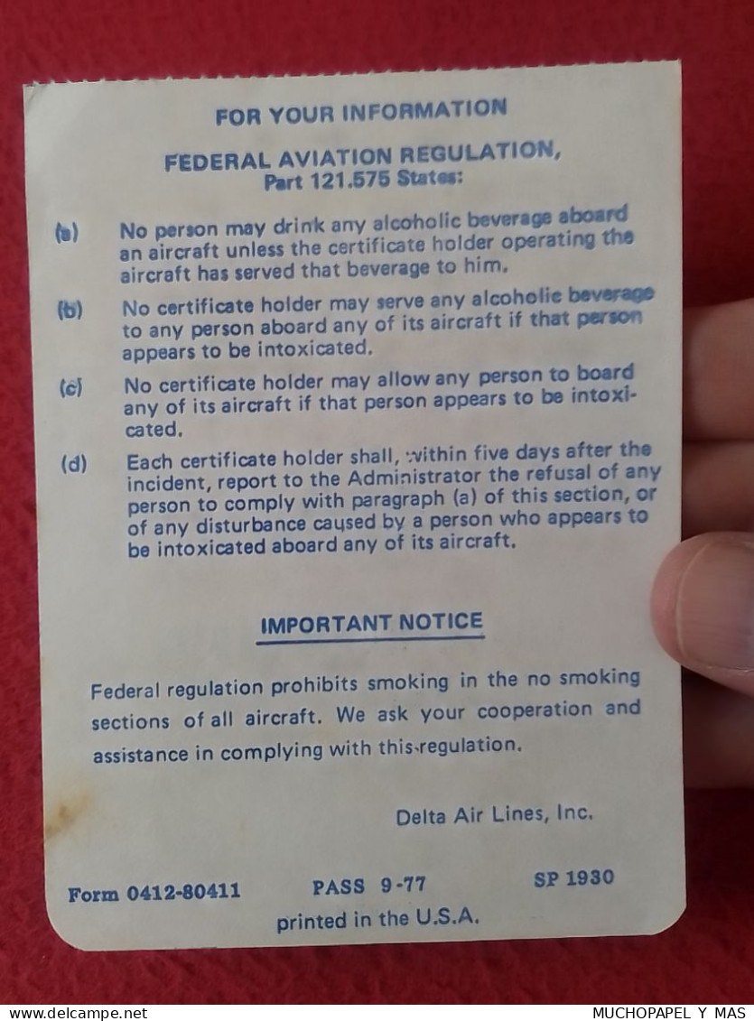 ANTIGUO TICKET TARJETA DE EMBARQUE O SIMILAR COACH-REAR CABIN OLD BOARDING PASS DELTA AIR LINES LÍNEAS AÉREAS VER FOTOS. - Carte D'imbarco