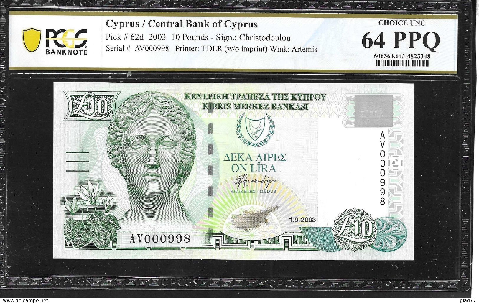 Cyprus  10 POUNDS 1..2003 PCGS 64PPQ CHOICE UNC ! Low Serial Number ! - Cyprus