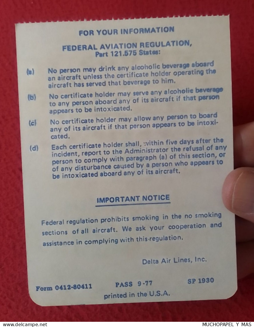 ANTIGUO TICKET TARJETA DE EMBARQUE O SIMILAR COACH-REAR CABIN OLD BOARDING PASS DELTA AIR LINES LÍNEAS AÉREAS VER FOTOS. - Carte D'imbarco