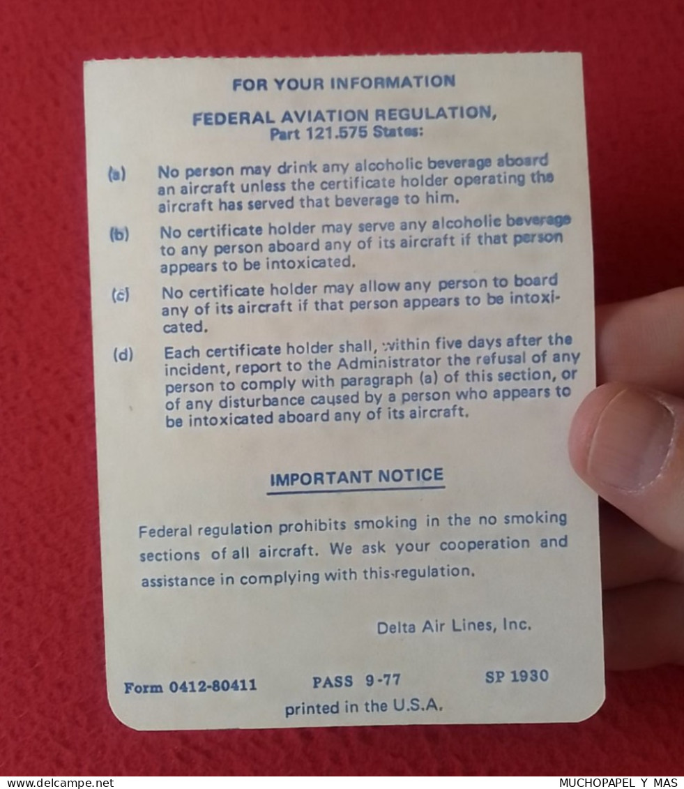 ANTIGUO TICKET TARJETA DE EMBARQUE O SIMILAR COACH-REAR CABIN OLD BOARDING PASS DELTA AIR LINES LÍNEAS AÉREAS VER FOTOS. - Instapkaart