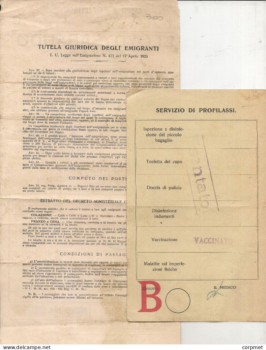 BOAT TICKET 1930 LLOYD SABAUDO- Ship CONTE ROSSO- GENOVA To BUENOS AIRES  + CONTE ROSSO Smallpox Vaccination Certificate - Welt