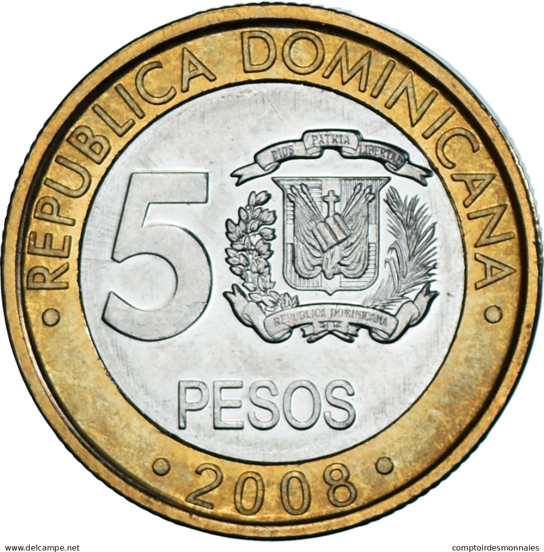 Monnaie, République Dominicaine, 5 Pesos, 2008, SPL, Bimétallique, KM:89 - Dominicaine