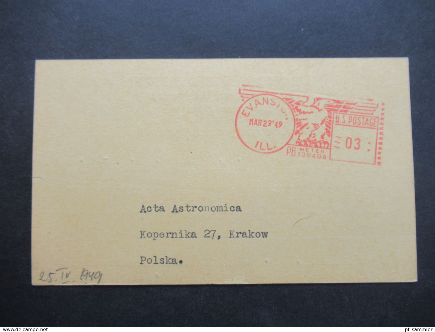 USA 1949 PB Meter Mit Adler Evanston Ill. Gedruckte PK Dearborn Observatory Nach Acta Astronomica Kopernika Krakow - Covers & Documents