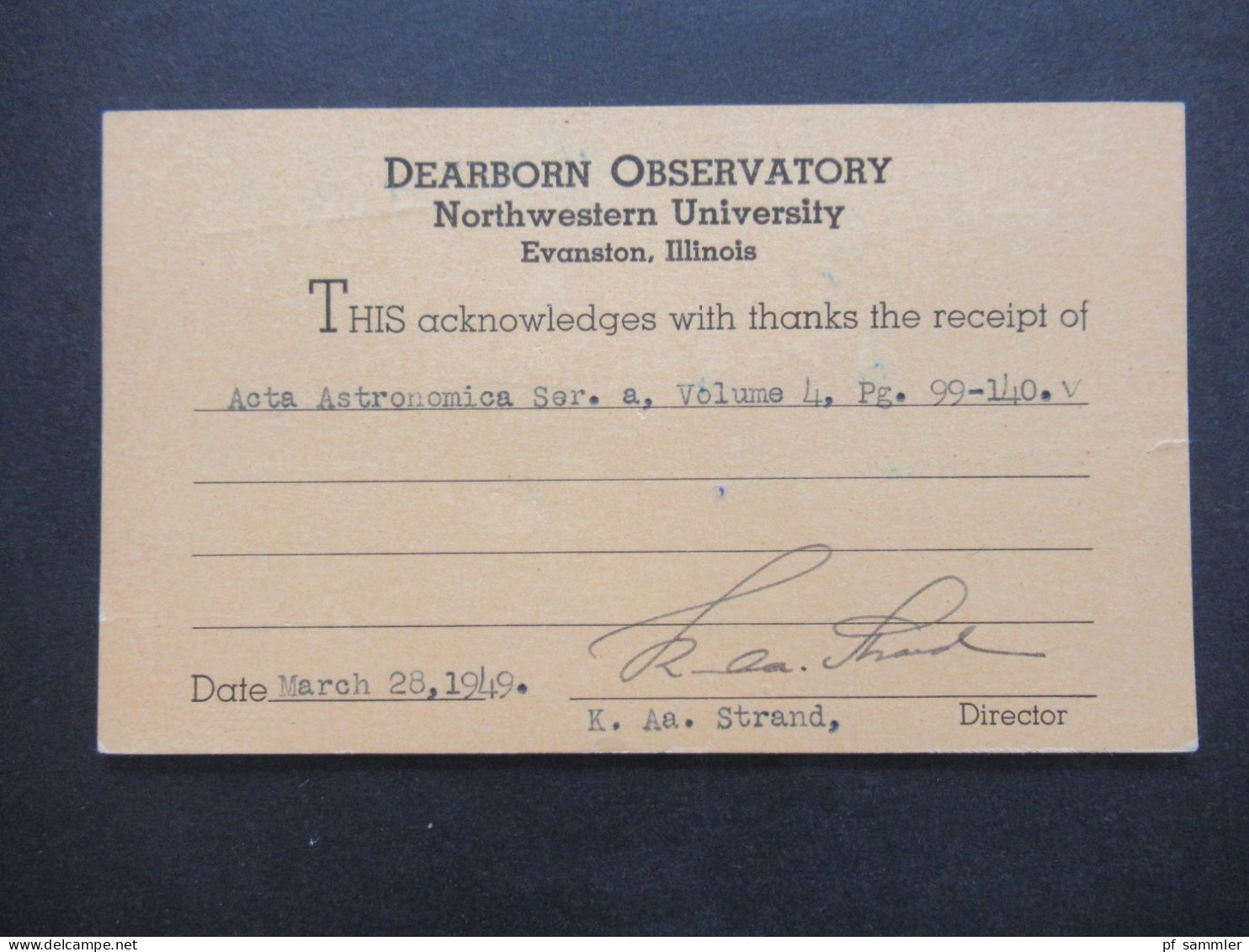 USA 1949 PB Meter Mit Adler Evanston Ill. Gedruckte PK Dearborn Observatory Nach Acta Astronomica Kopernika Krakow - Brieven En Documenten