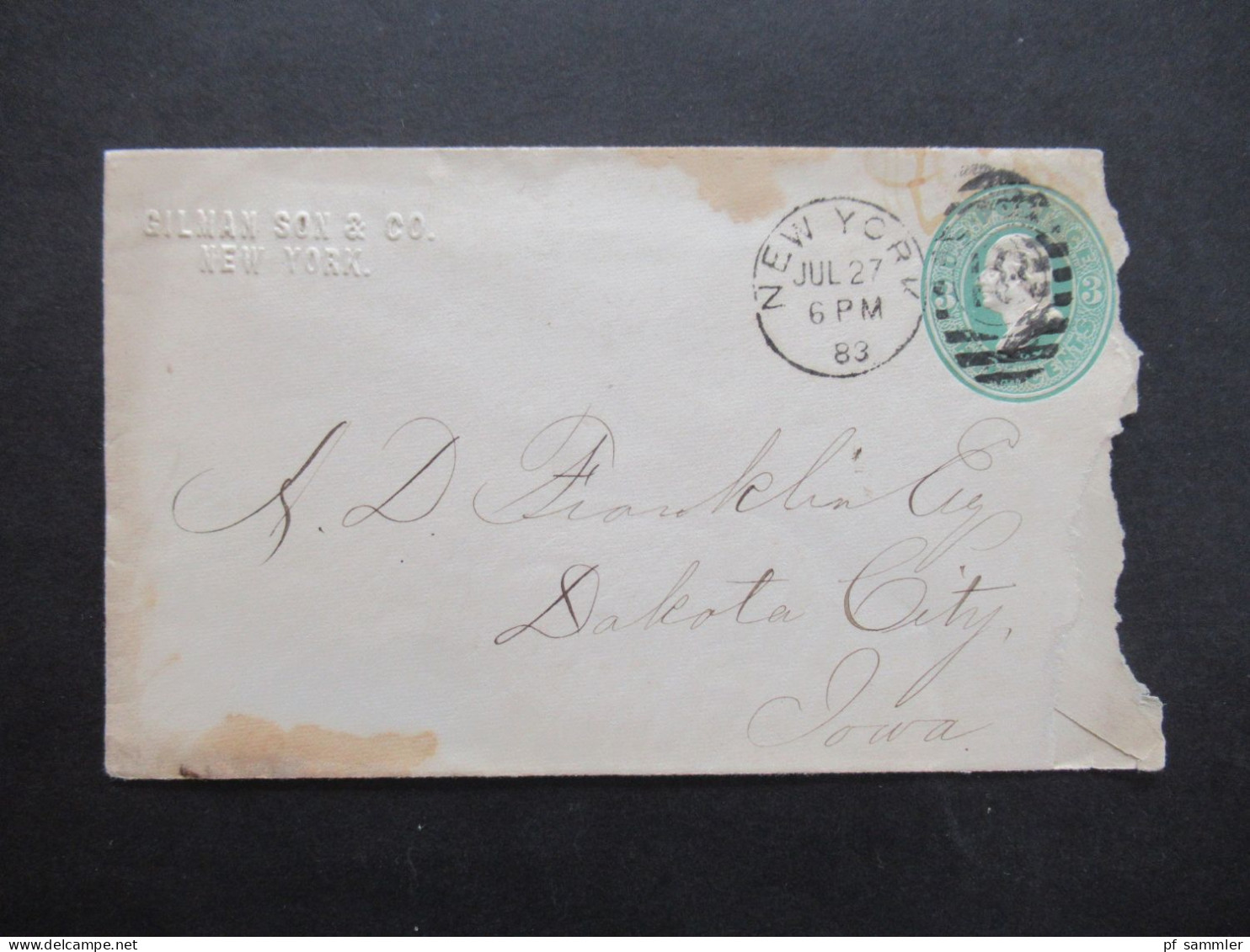 USA 1883 GA Umschlag 3 Cents Mit Prägung Gilman Son & Co. New York Nach Dakota City Rücks. 2 Stempel - Storia Postale