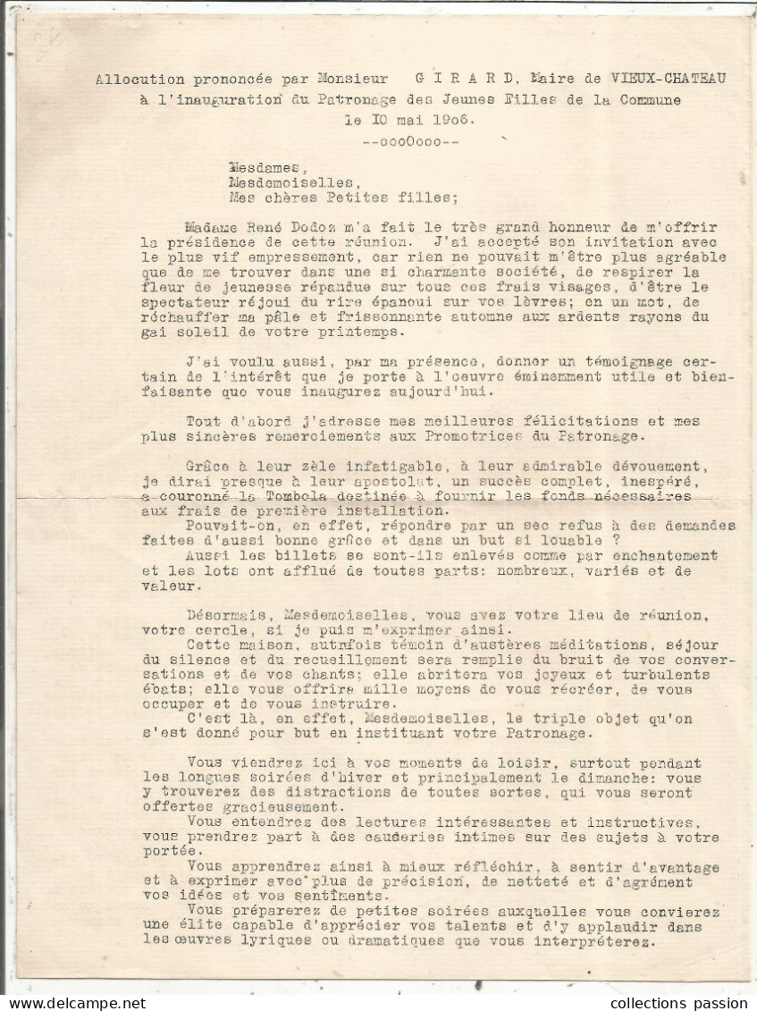 1906, Allocution Prononcée Par Monsieur Girard, Maire De VIEUX-CHATEAU, 21, Inauguration Du Patronage... Frais Fr 1.75 E - Advertising